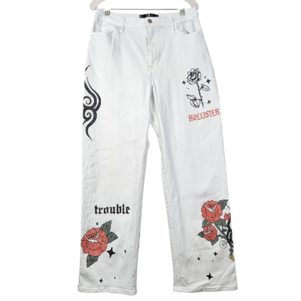 Hollister Juniors Size 13R White Denim Ultra High Rise Floral Dad Jeans 31W 31L